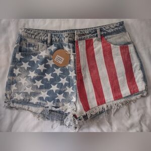 BiBi Blue and Red Jean Shorts with Distressed Hem